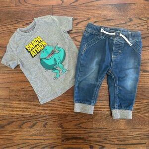 OshKosh Grey Dinosaur Tee and Cat & Jack Denim Jogger Pants Outfit 6-9 Mo